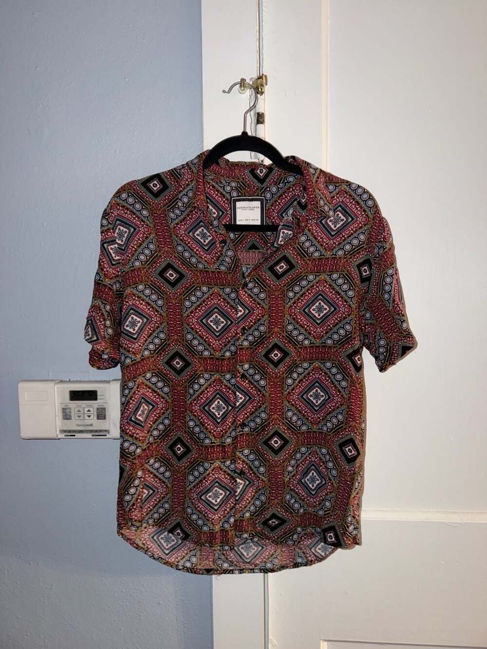 Denim & Flower Ricky Singh Geometric Print Short Sleeve Button Down Shirt Size S